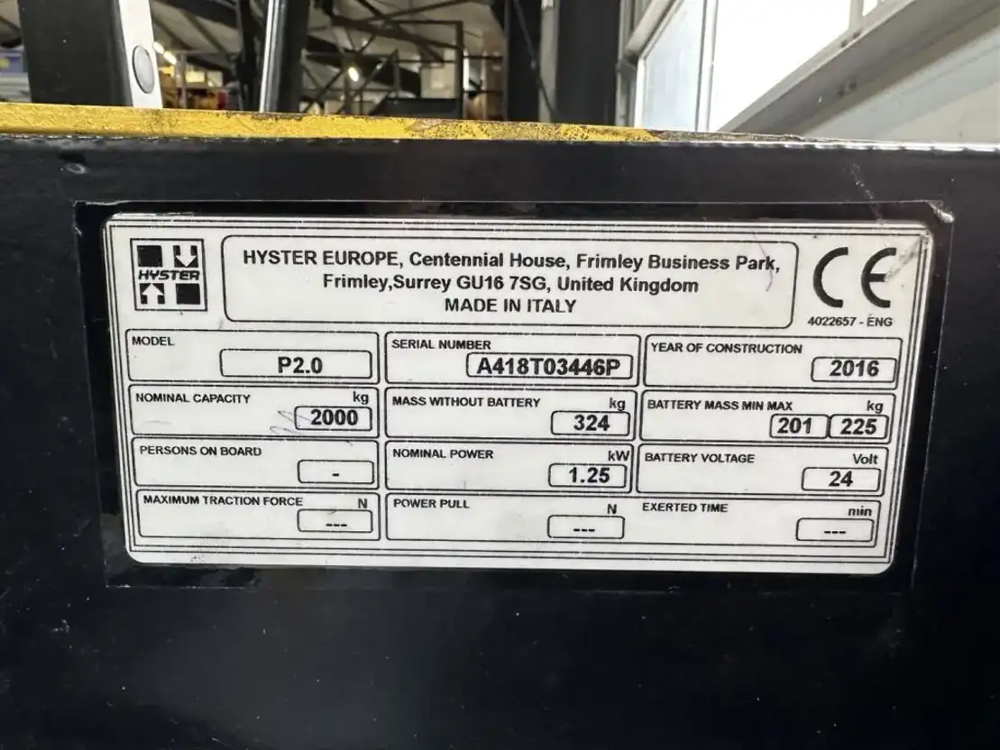 Hyster P2.0 Palletwagen 2 ton Elektra Pallettruck interne lader